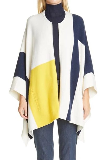 Shop Akris Colorblock Cashmere Poncho In Ecru-yellow-deep Blue