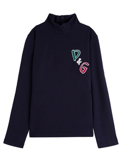 Shop Dolce & Gabbana Cotton Sweater With Logo Patch In Blu