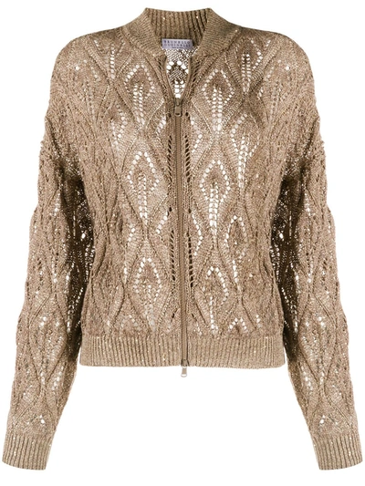 Shop Brunello Cucinelli Zip-through Pointelle Knit Cardigan In Gold