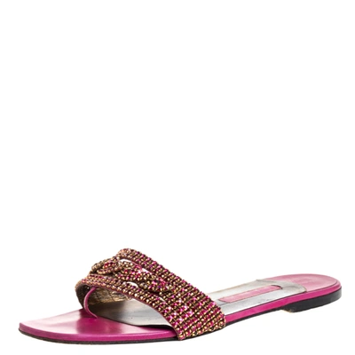Pre-owned Gina Magenta Leather Athena Crystal Embellished Slide Flats Size 38 In Pink