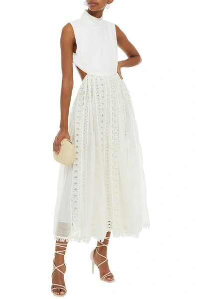 Shop Zimmermann Super Eight Open-back Embroidered Burnout Linen Midi Dress In Ivory