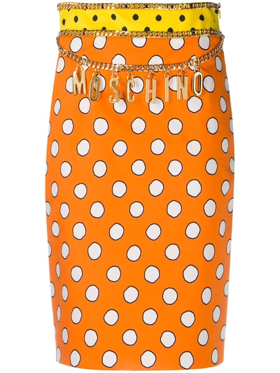 Shop Moschino Polka Dot Logo Skirt In Orange