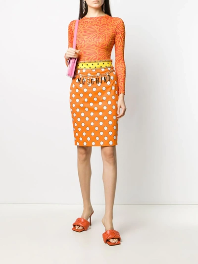 Shop Moschino Polka Dot Logo Skirt In Orange