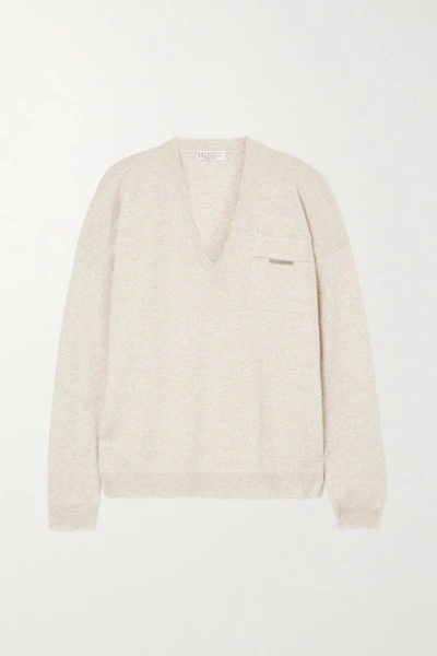 Shop Brunello Cucinelli Bead-embellished Cashmere Sweater In White