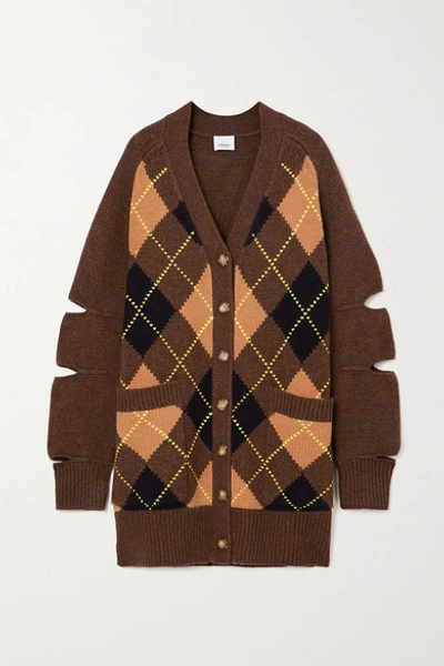 Shop Burberry Oversized Cutout Argyle Wool And Cashmere-blend Cardigan In Brown