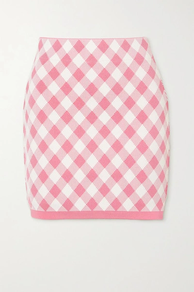 Shop Balmain Gingham Jacquard-knit Mini Skirt In Pink