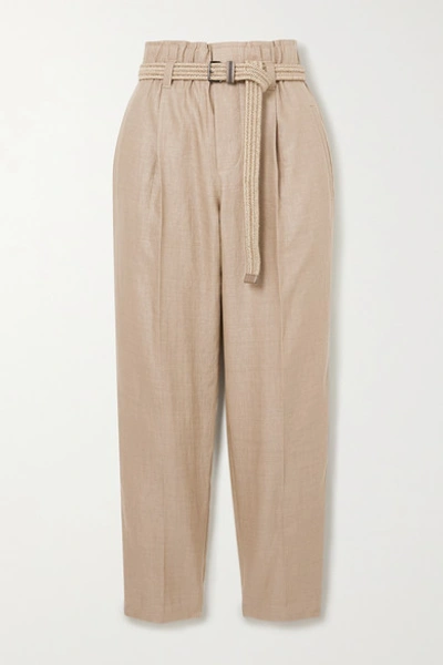 Shop Brunello Cucinelli Belted Cropped Linen-blend Straight-leg Pants In Light Brown