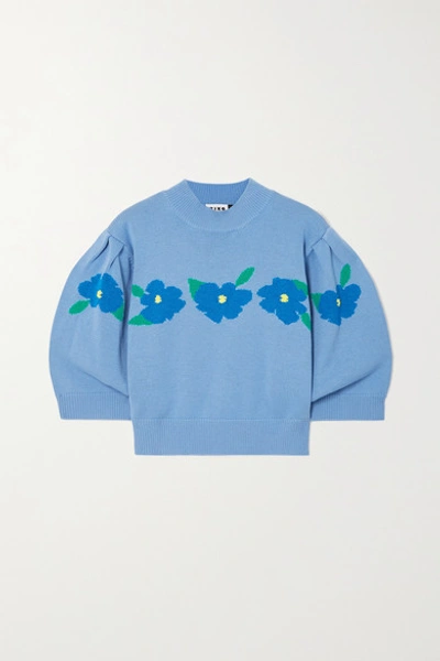 Shop Rixo London Nell Cropped Intarsia Cotton Sweater In Blue