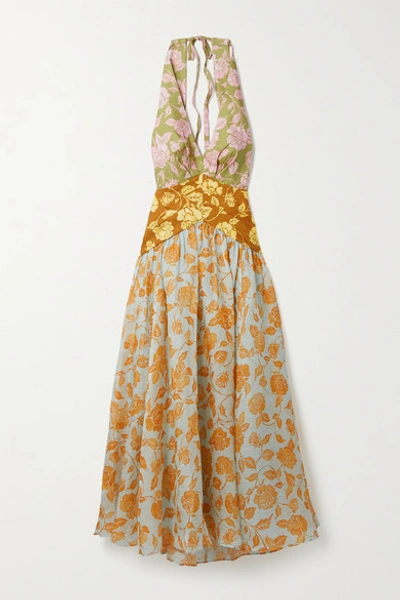 Shop Zimmermann The Lovestruck Floral-print Linen Halterneck Midi Dress In Orange