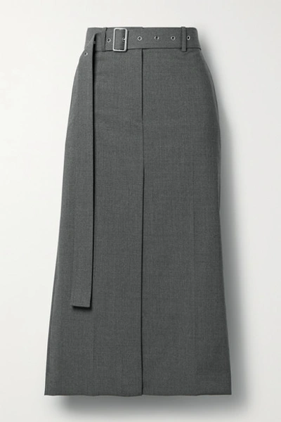 Shop Helmut Lang Belted Wool-blend Midi Skirt In Gray