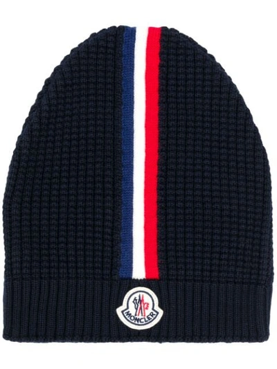 Shop Moncler Web Detail Knitted Beanie In Blue