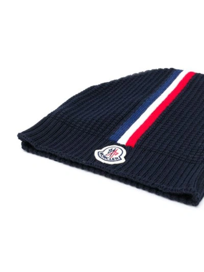 Shop Moncler Web Detail Knitted Beanie In Blue
