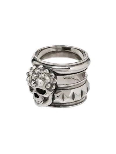 Shop Alexander Mcqueen Skull Face Studded Ring In Silver