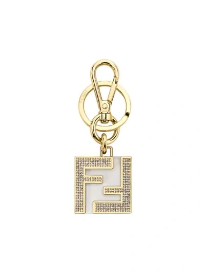 Shop Fendi Encrusted Ff-shape Keyring In Gold