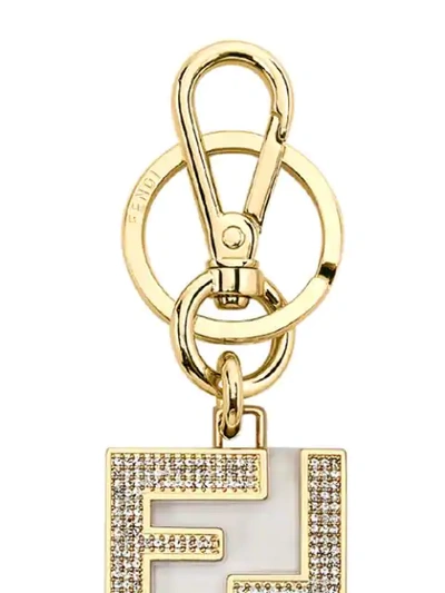 Shop Fendi Encrusted Ff-shape Keyring In Gold