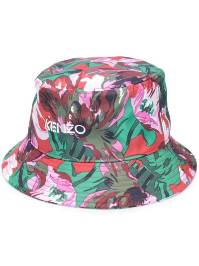 Shop Kenzo Floral Print Logo Bucket Hat In Green