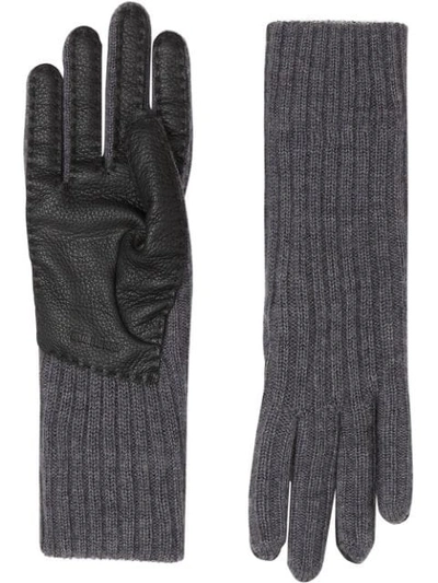 Shop Burberry Ribbed Panelled Gloves In Grey