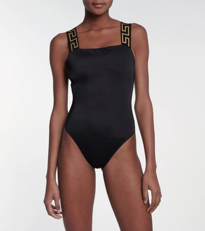 Versace One Piece Swimsuit With Greek Border In Black