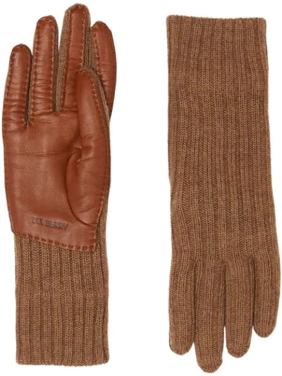 Shop Burberry Engraved Logo Panelled Gloves In Brown