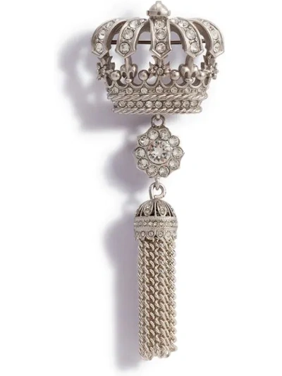 Shop Dolce & Gabbana Crown Tassel Brooch In Silver