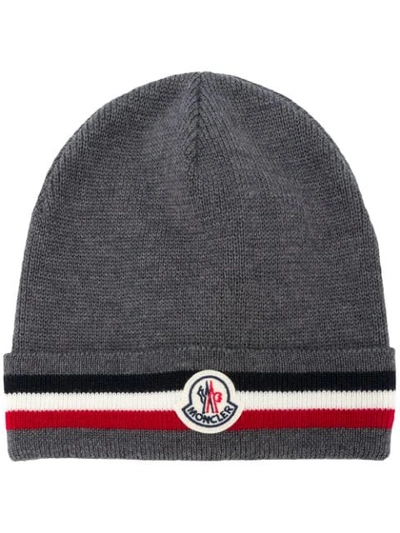 Shop Moncler Striped Wool-knit Beanie In Grey