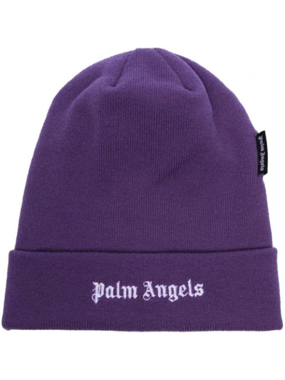 Shop Palm Angels Logo Embroidered Beanie Hat In Purple