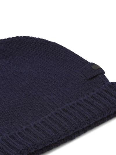 Shop Prada Logo Patch Knitted Beanie In Blue