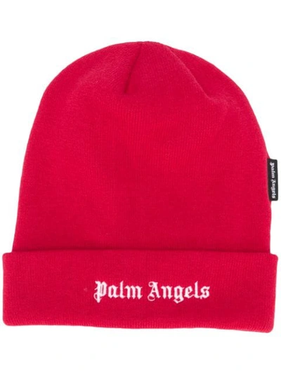 Shop Palm Angels Embroidered Logo Beanie Hat In Red