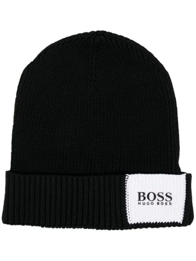 Shop Hugo Boss Logo Patch Beanie In Black