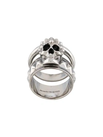 Shop Alexander Mcqueen Skull Double Ring In Silver