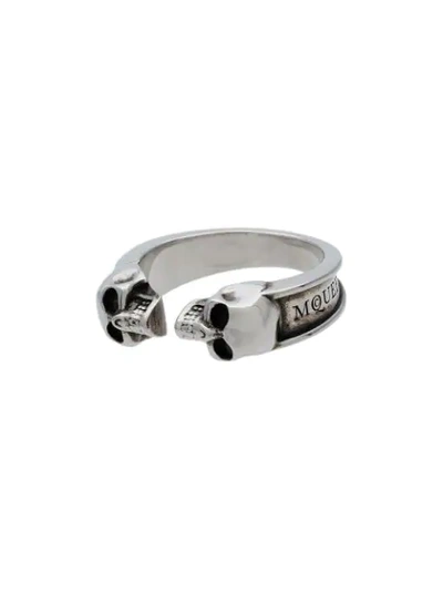 Shop Alexander Mcqueen Silver Twin Skull Ring In Metallic