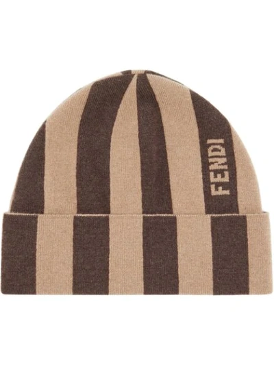 Shop Fendi Cashmere Striped Beanie In Neutrals