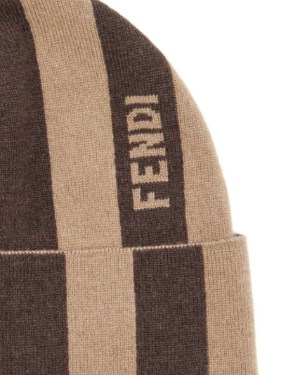 Shop Fendi Cashmere Striped Beanie In Neutrals
