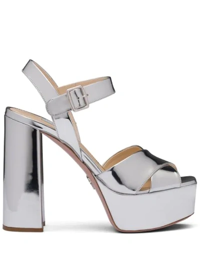 Shop Prada Ankles Strap Platform Sandals In Metallic
