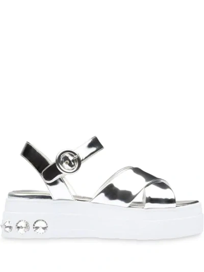 Shop Miu Miu Crystal-embellished Platform Sandals In Silver