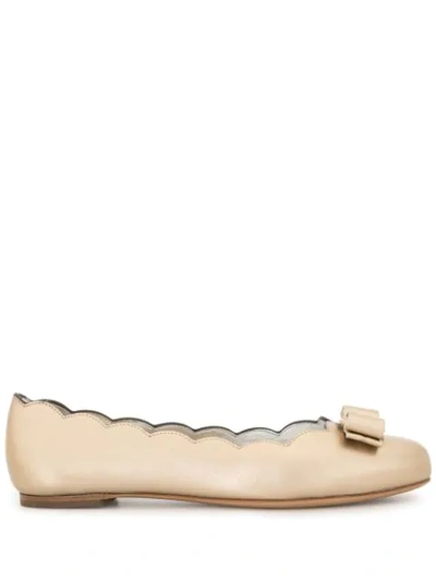 Shop Ferragamo Varina Scalloped Ballerina Shoes In Gold