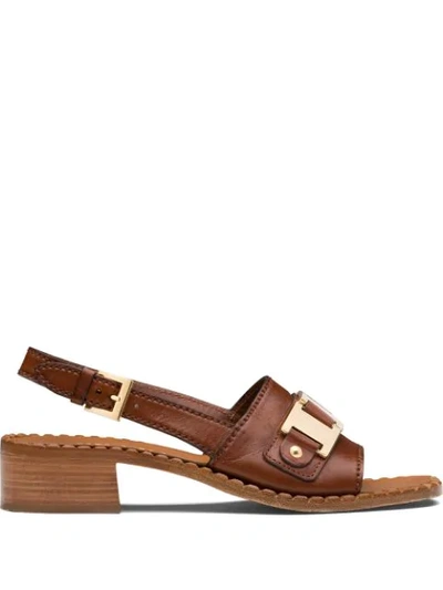 Shop Prada Slingback Leather Sandals In Brown