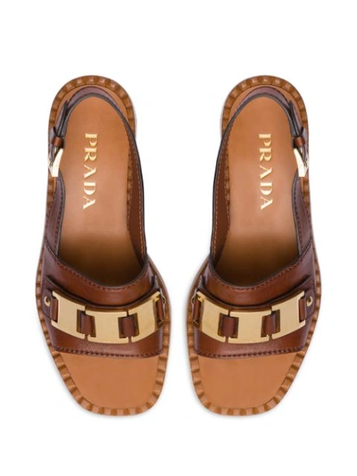 Shop Prada Slingback Leather Sandals In Brown