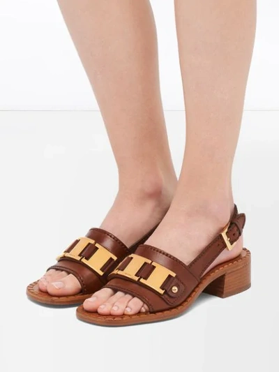 Shop Prada Slingback Leather Sandals In Brown