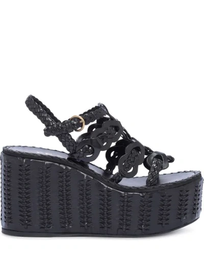 Shop Prada 95mm Woven Wedge Sandals In Black