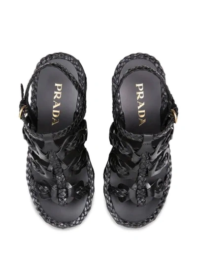 Shop Prada 95mm Woven Wedge Sandals In Black