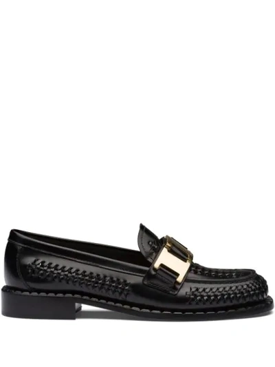 Shop Prada Buckled Woven Loafers In Black