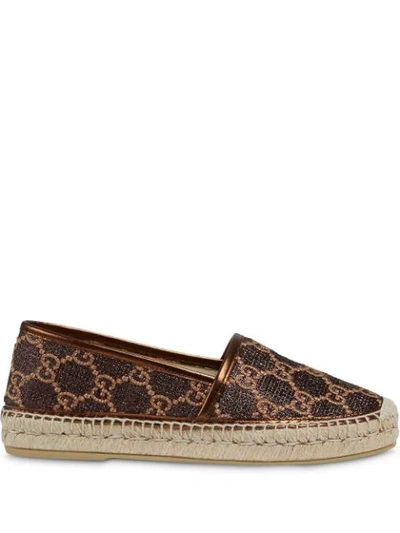 Shop Gucci Logo-print Metallic Espadrilles In Brown