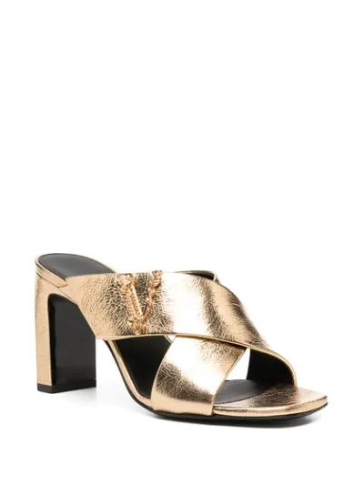Shop Versace V-logo Chunky-heel Mules In Gold