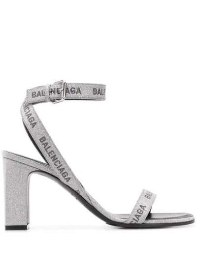 Shop Balenciaga Glitter Logo 80mm Sandals In Silver