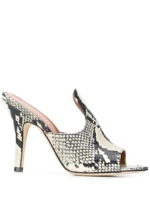 snakeskin heeled mules