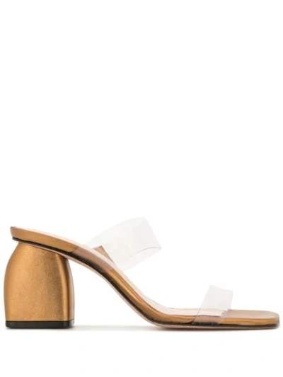 Shop Schutz Block Heel Metallic Mules In Gold