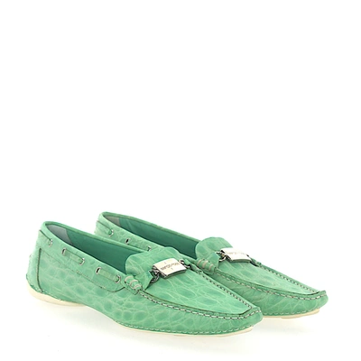 Shop Sergio Rossi Moccasins Embossed Smooth Leather Metal Decorations Green In 绿色