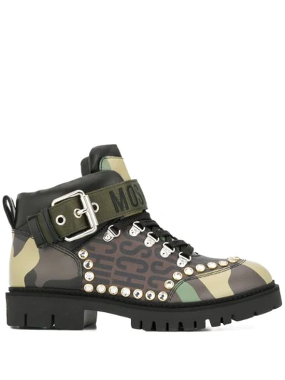 Shop Moschino Studded Camouflage Boots In Brown