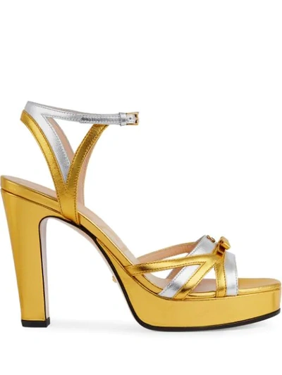 Shop Gucci Metallic Strappy Platform Sandals In Gold
